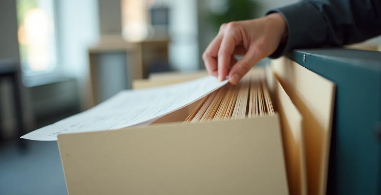 Documents organisés dans un classeur suspendu avec une main professionnelle en train d’extraire un papier, ambiance lumineuse naturelle
