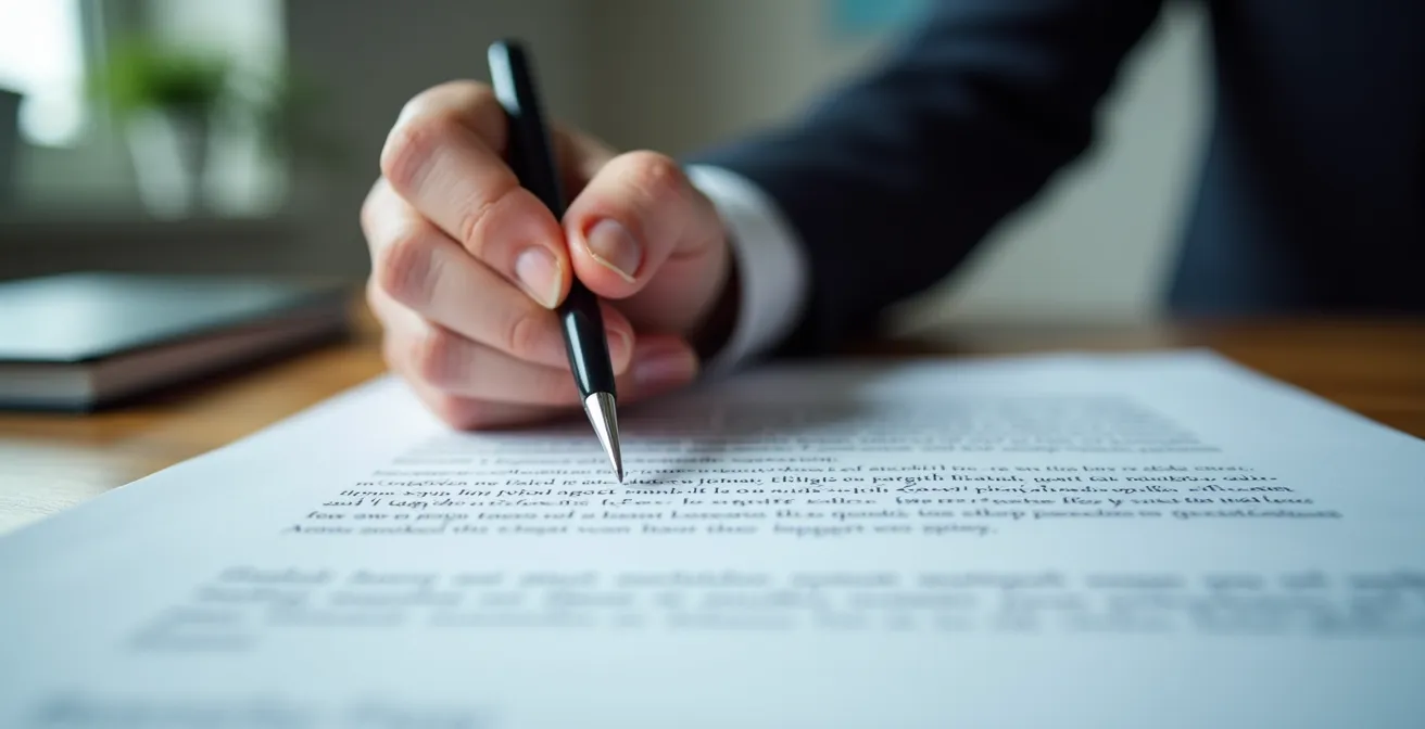 Plan rapproché d’une main signant un document légal, avec un stylo sur papier haute qualité sans élément lisible visible